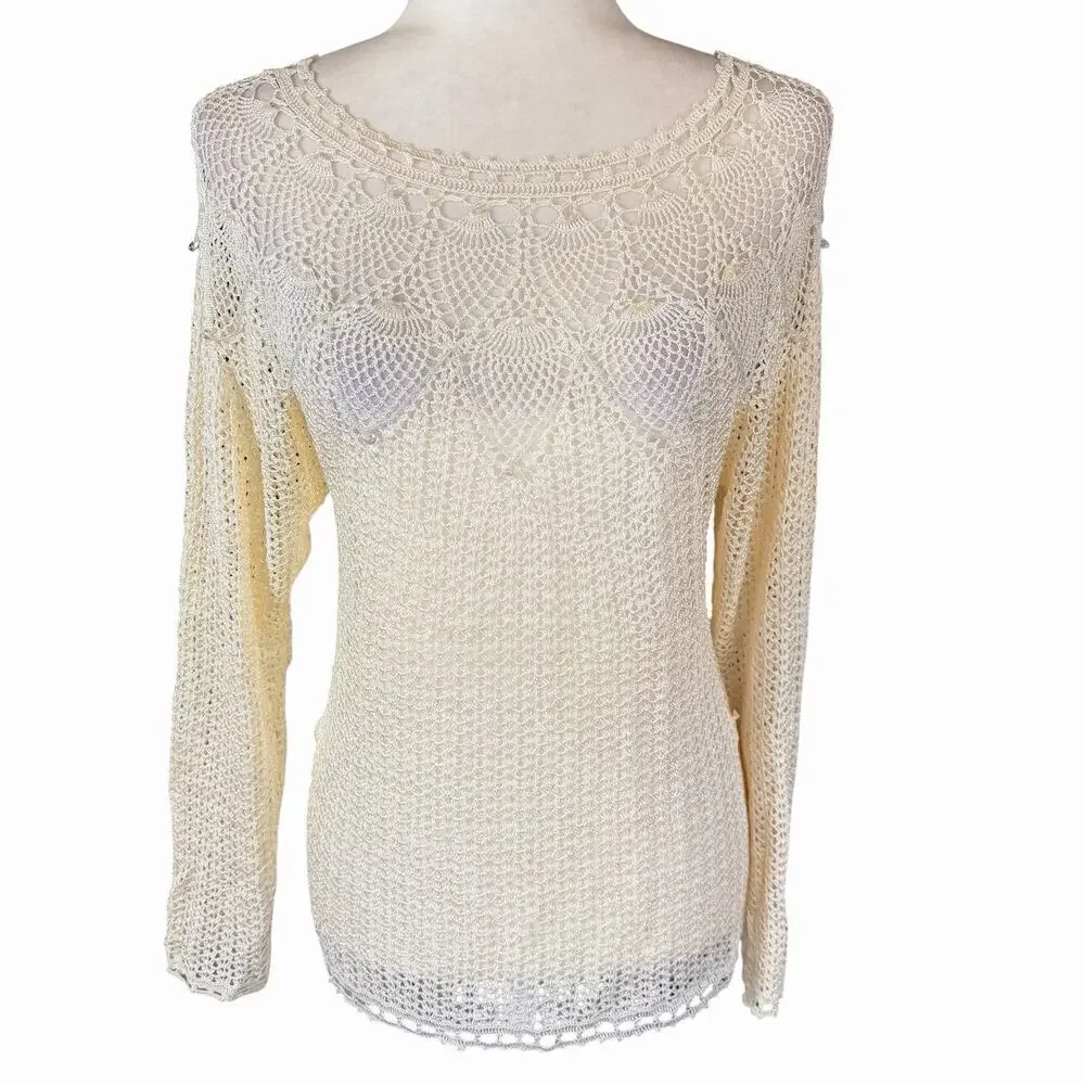 Vtg 70s Hand Crocheted Ivory Sweater Womens M Beaded Bohemian Boho Hippie